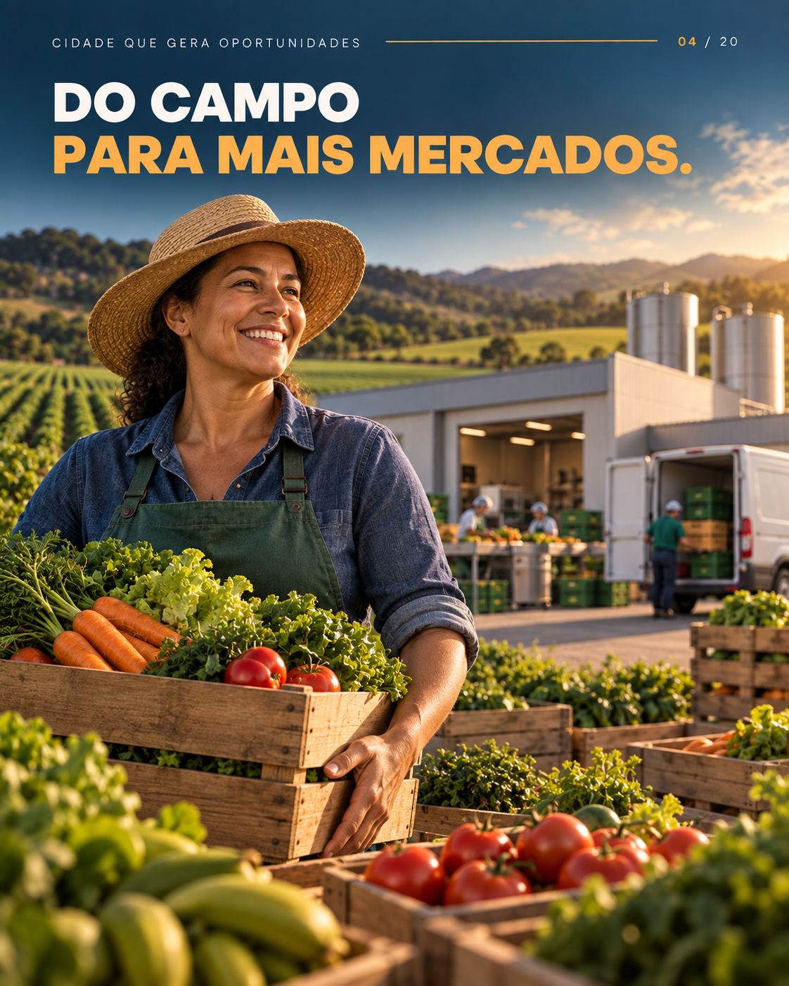 Capa “Do campo para mais mercados”: agricultora apresenta hortaliças em uma área de produção rural.