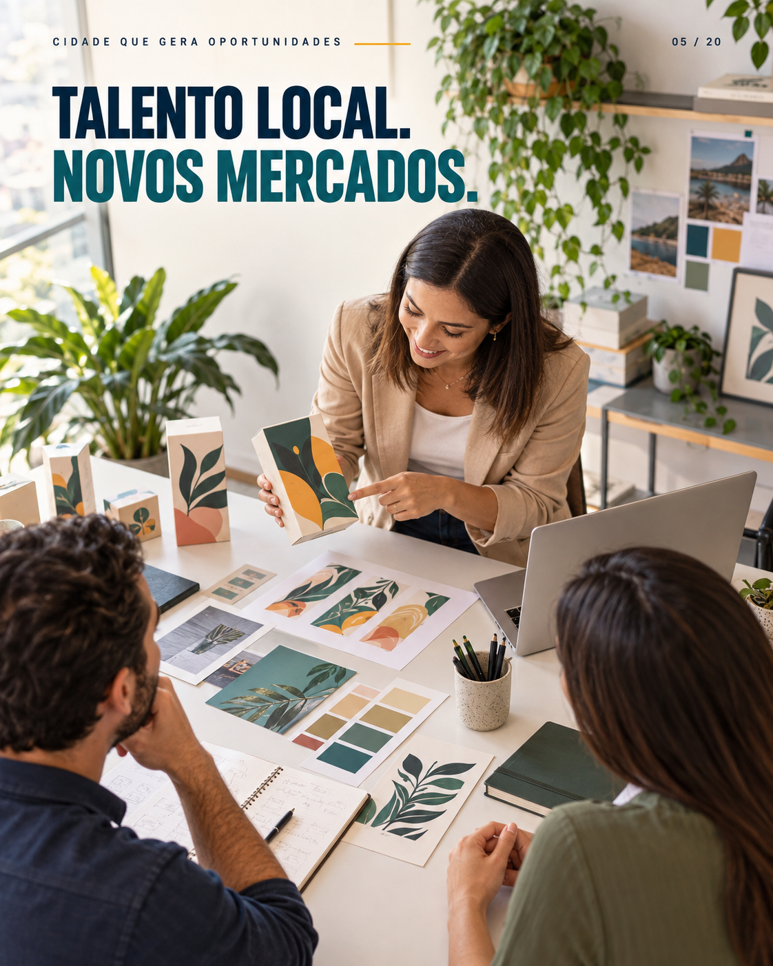 Capa “Talento local, novos mercados”: equipe trabalha na apresentação e no posicionamento de produtos locais.